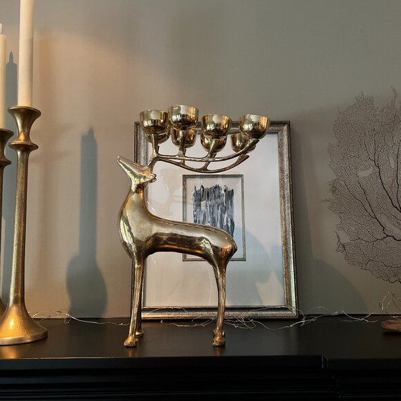 Large Vintage Brass Reindeer Elk Candelabra 8 Candle Holder” - Picture 2 of 12